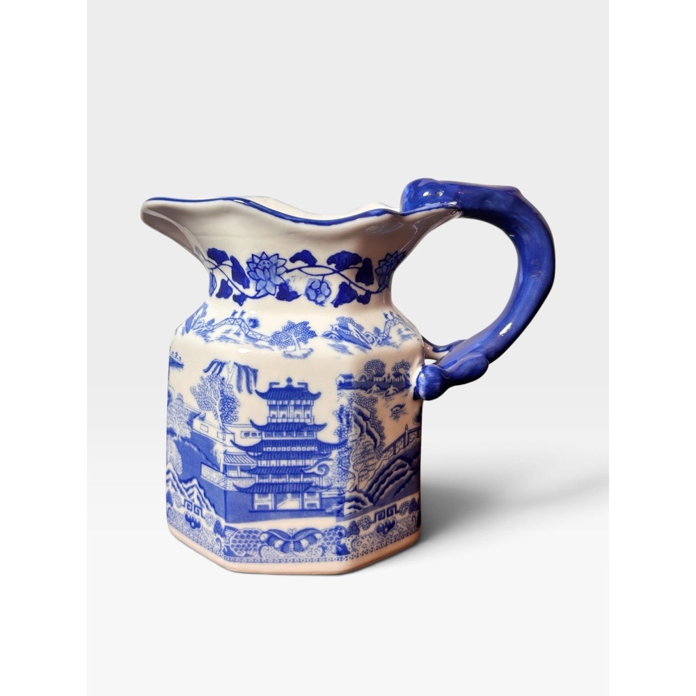 Victoria Ironstone Blue Willow Pitcher Ewer Bird Handle Chinoiserie 6"